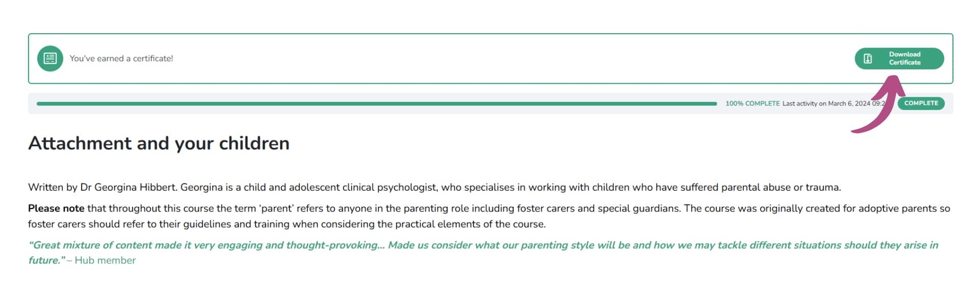 eLearning 'Download Certificate' button location