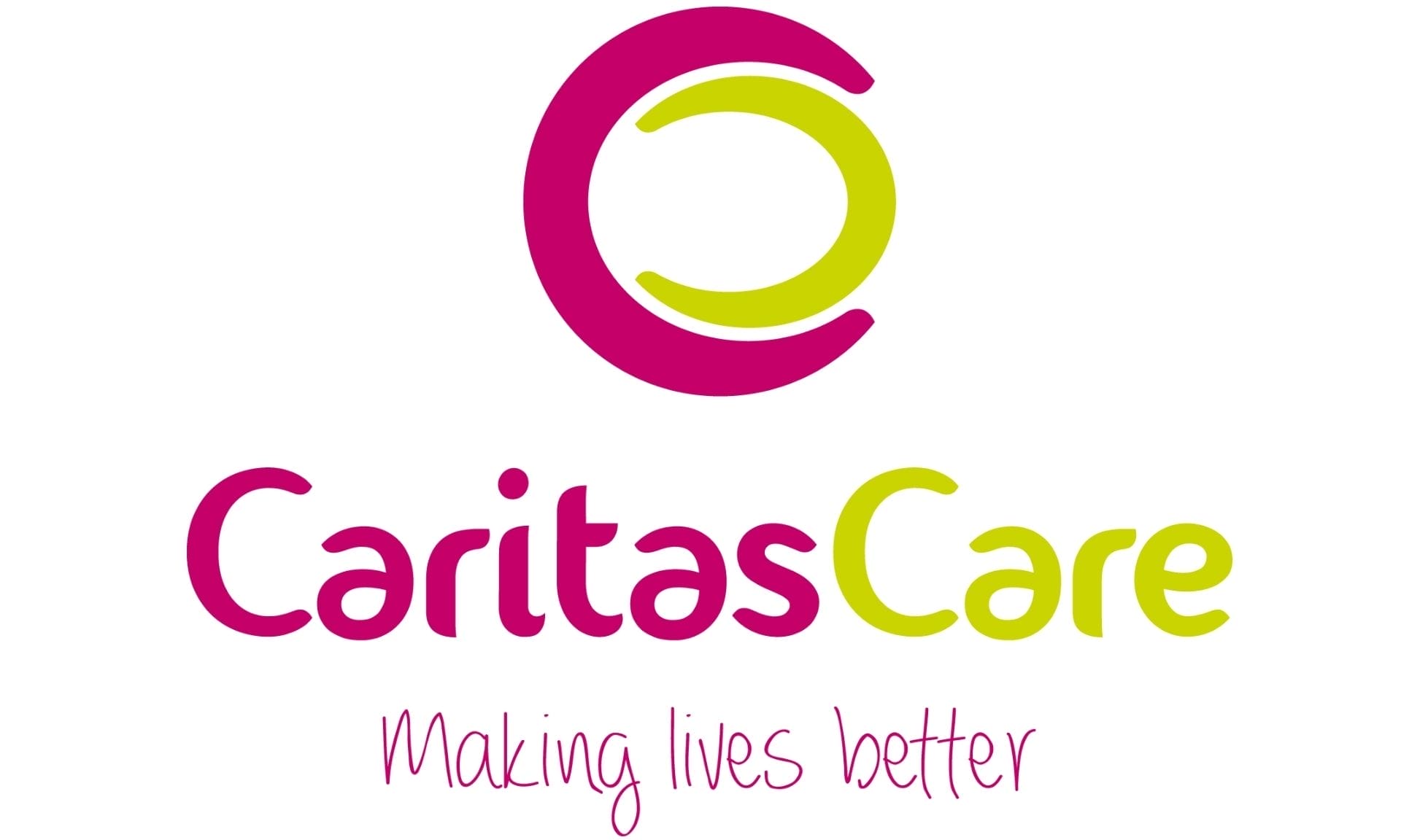 Caritas Care logo | CATCH CaritasCare logo: magenta and lime circular emblem with the slogan 'Making lives better'.